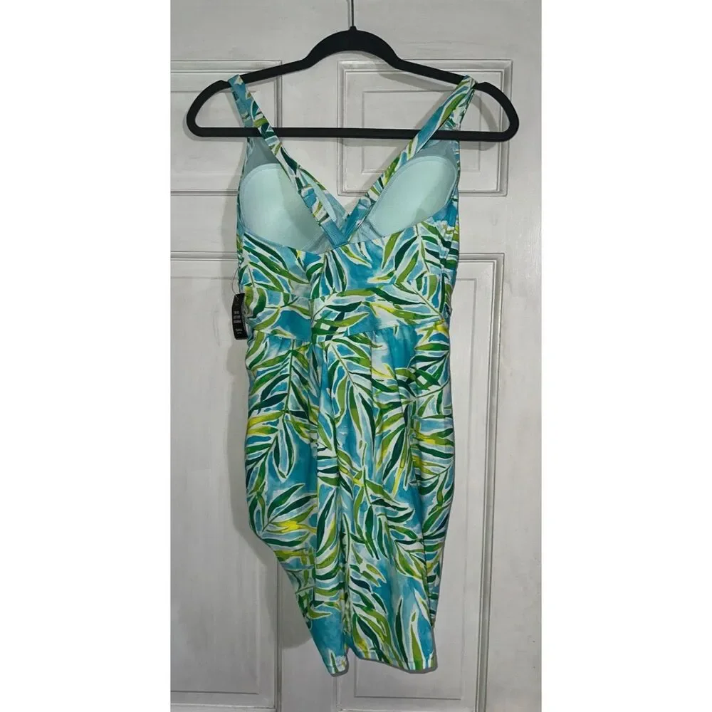 Torrid Wireless Side Cinch Fitted Swim Dress w/Brief Tropical Blue & Green Sz 10